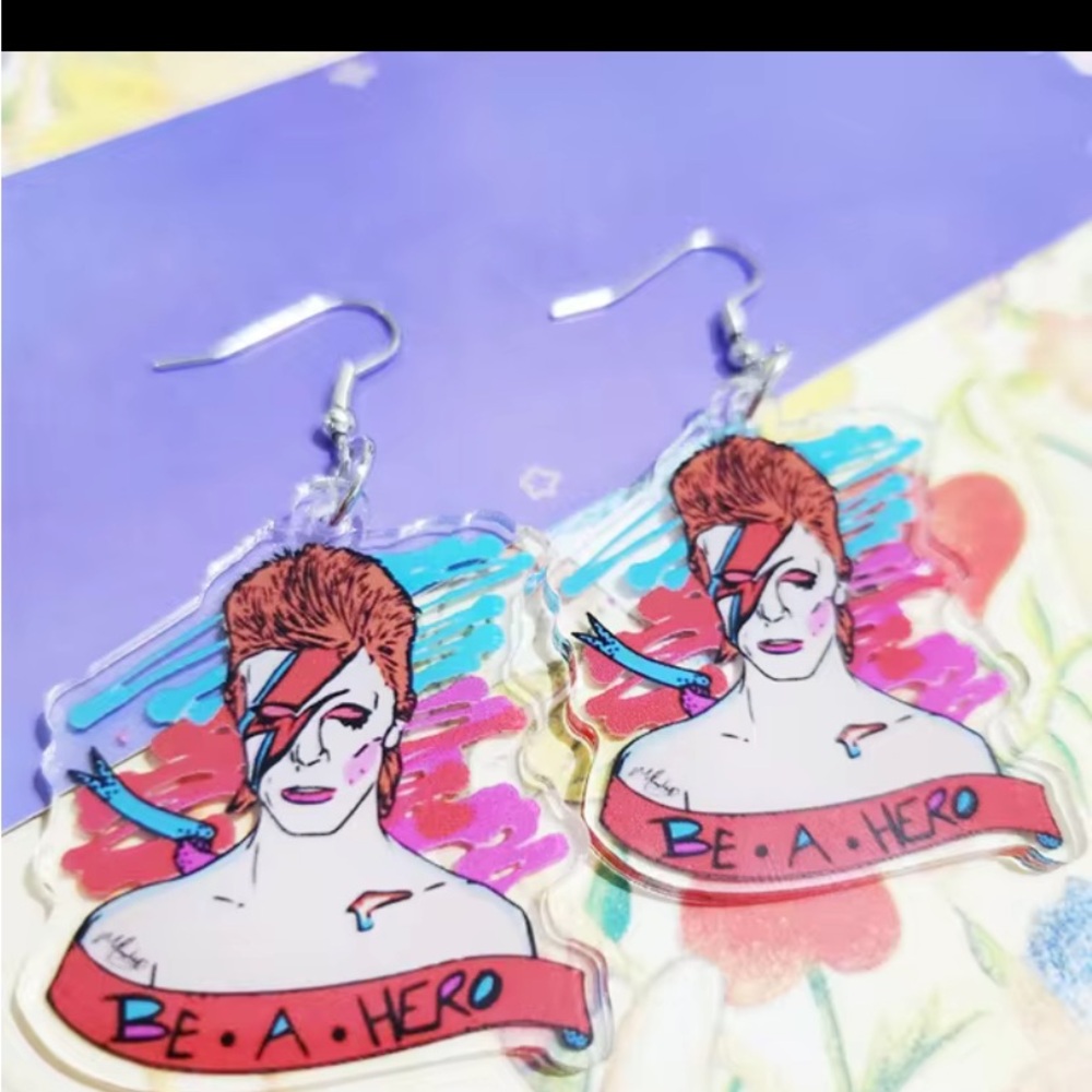 Bowie ziggy stardust be a hero acrylic earrings on silver hypoallergenic hook